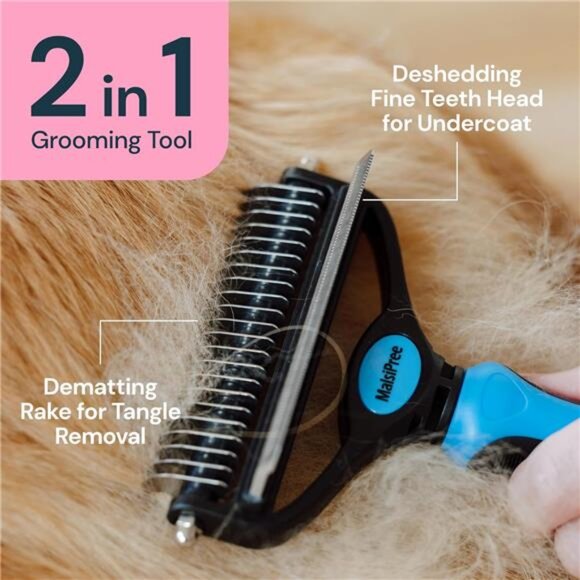 Dog Grooming Brush for Shedding - 2 in 1 Deshedding Tool and Undercoat Rake - Picture 2 of 7